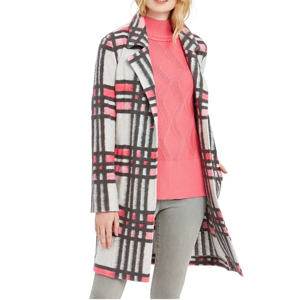 NIC + ZOE Check Pop  Sweater Jacket / Coat. Pink Multi Cotton Wool Blend - M
